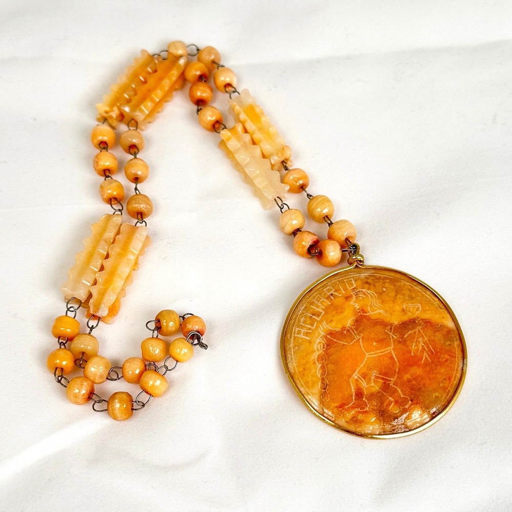 Vintage Custom Engraved Carnelian Intaglio Pendant Necklace Toasting Figure